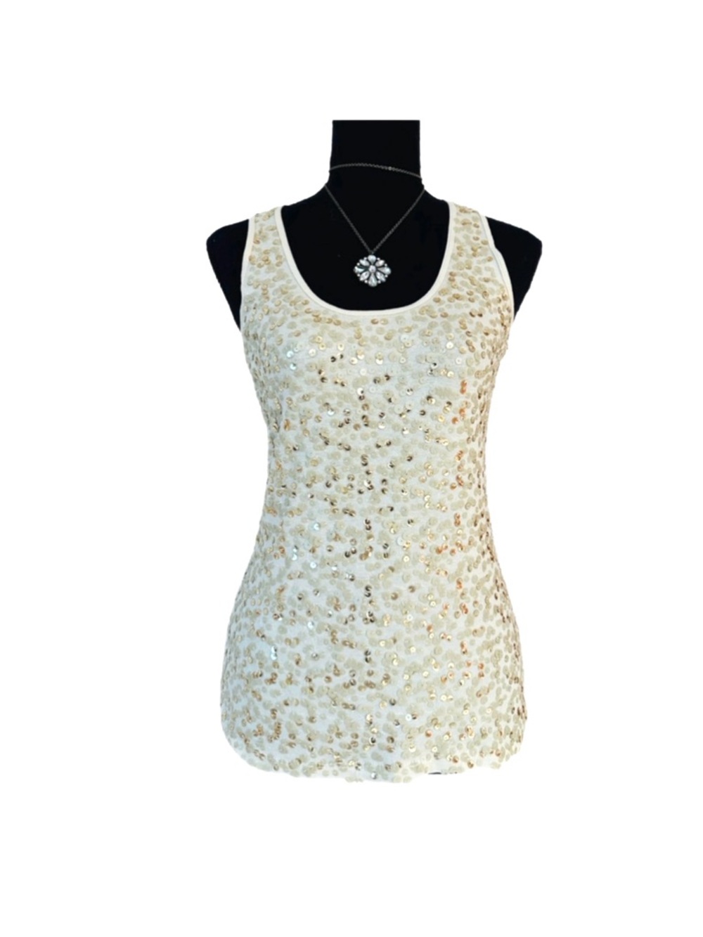 #43 Apt. 9 ~ Lightweight Ivory Scoop Neck Sleeveless Tank Top w/Gold Sequins